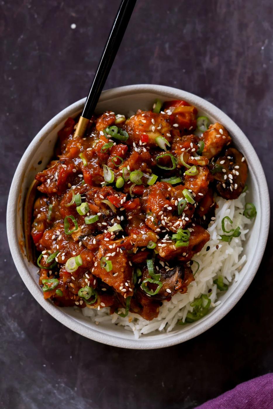 baked mushroom tofu stir fry in a bowl