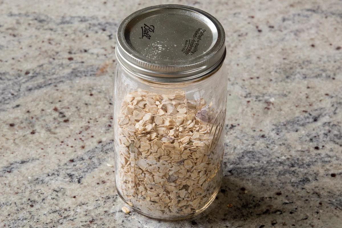 baked oatmeal mix stored in a mason jar