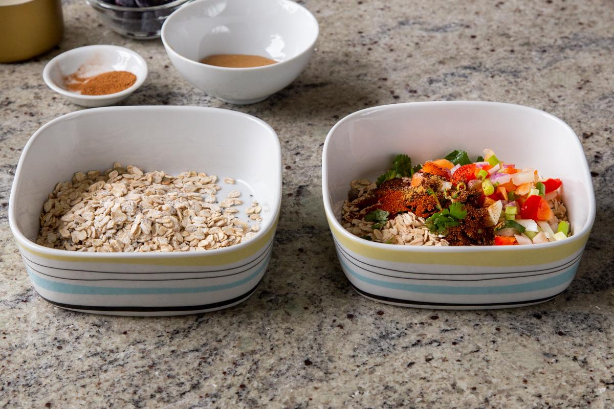 savory baked oats ingredients added to the pan of dry oats mix