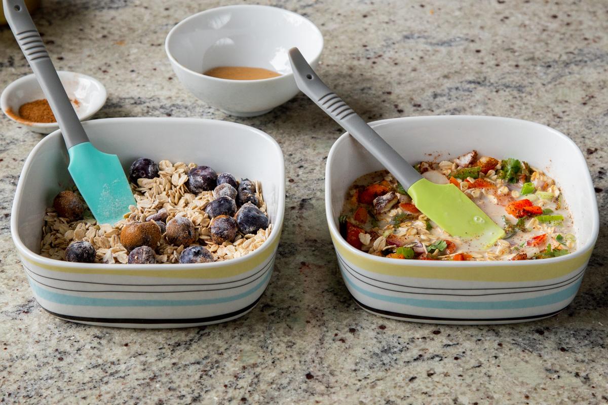 sweet and savory oats dry ingredients mixed together in separate pans