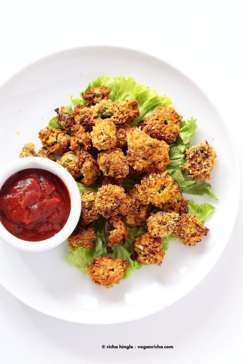 Baked Popcorn Okra. Okra /bhindi tossed in chickpea flour batter, coated in spiced breadcrumbs and baked until crunchy crisp. Vegan Recipe, can be gluten-free | VeganRicha.com