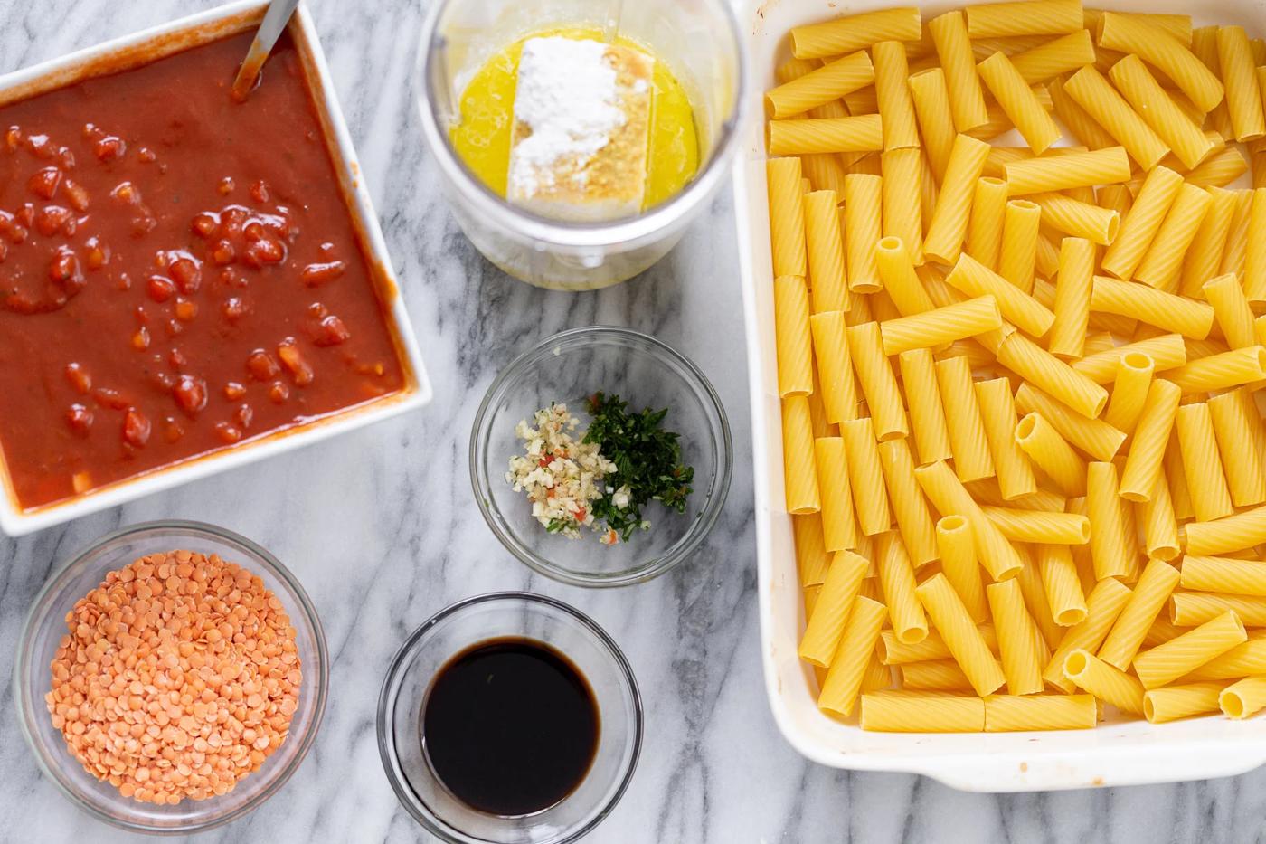 overhead shot of ingredients needed for making vegan baked rigatoni