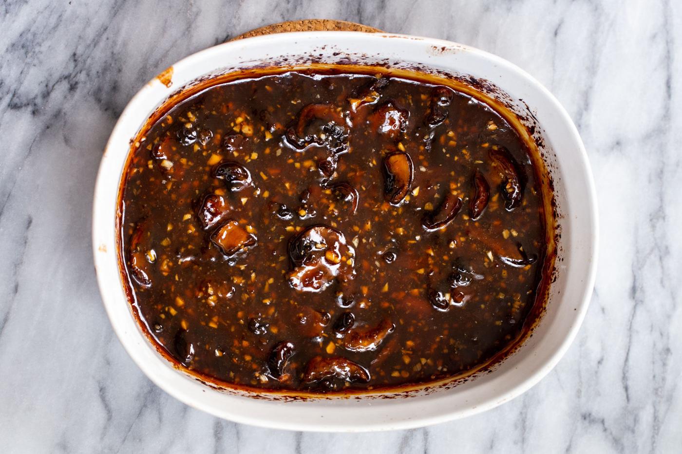 sticky sesame mushrooms in a casserole dish