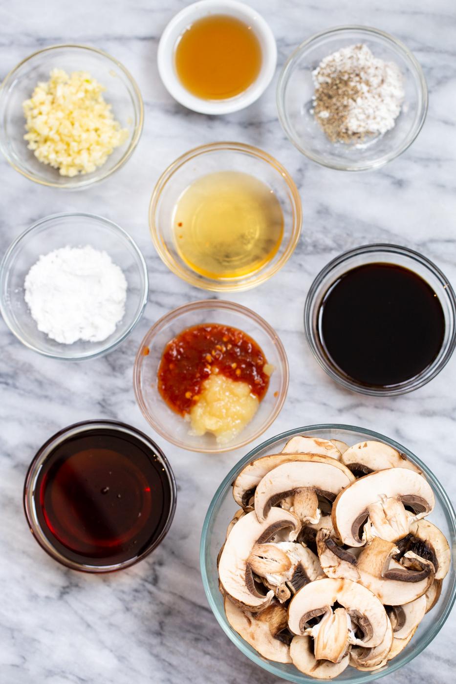 ingredients needed for making sticky sesame mushrooms baked in the oven