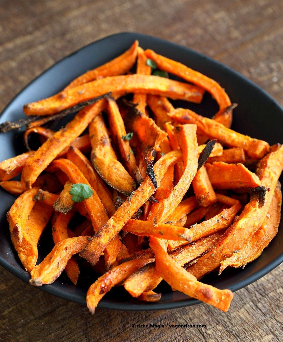 Baked Sweet Potato Fries with Vegan Chipotle Ranch. Easy Crisp Sweet Potato Fries served with dairy free ranch. Vegan Appetizer Recipe Glutenfree Soyfree | VeganRicha.com