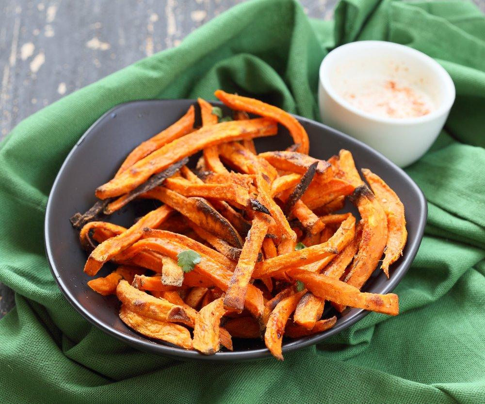 Baked Sweet Potato Fries with Vegan Chipotle Ranch. Easy Crisp Sweet Potato Fries served with dairy free ranch. Vegan Appetizer Recipe Glutenfree Soyfree | VeganRicha.com