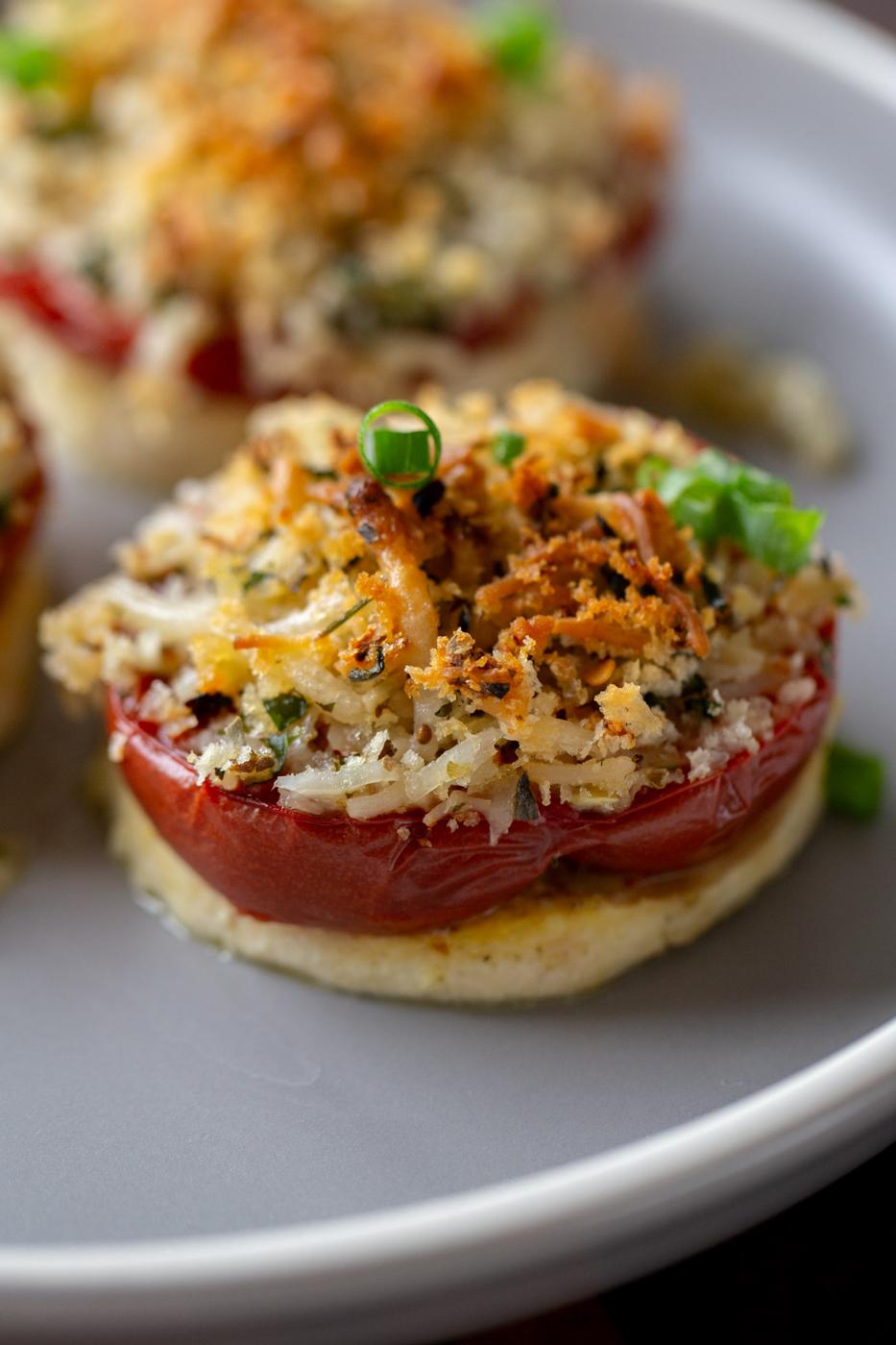 baked vegan caprese stacks on a plate