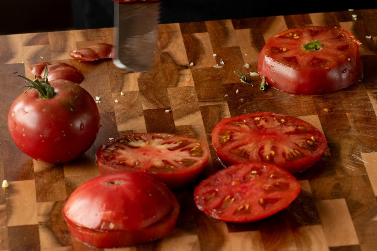 sliced tomato on the cutting board