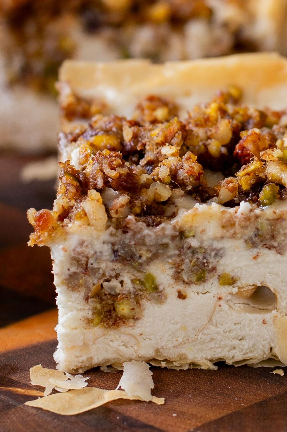 close-up of a slice of baklava cheesecake, so you can see the texture inside