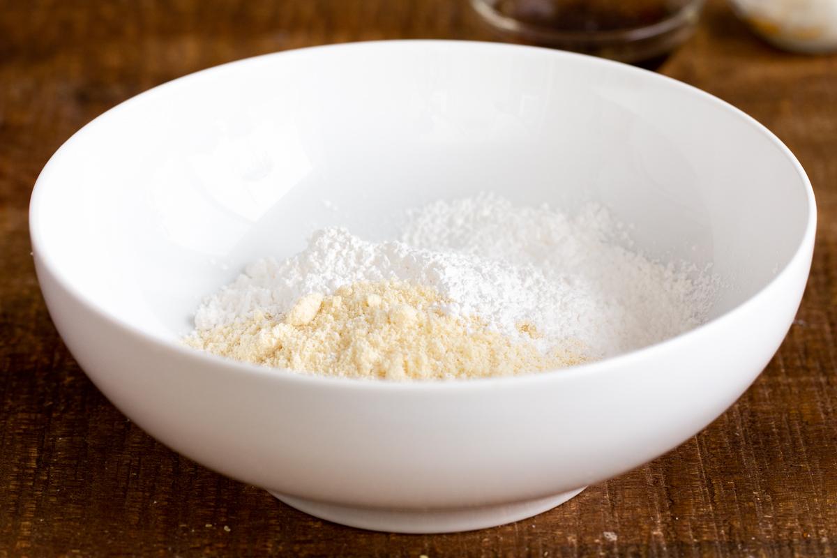 dry ingredients for vegan baklava cookies in a white bowl