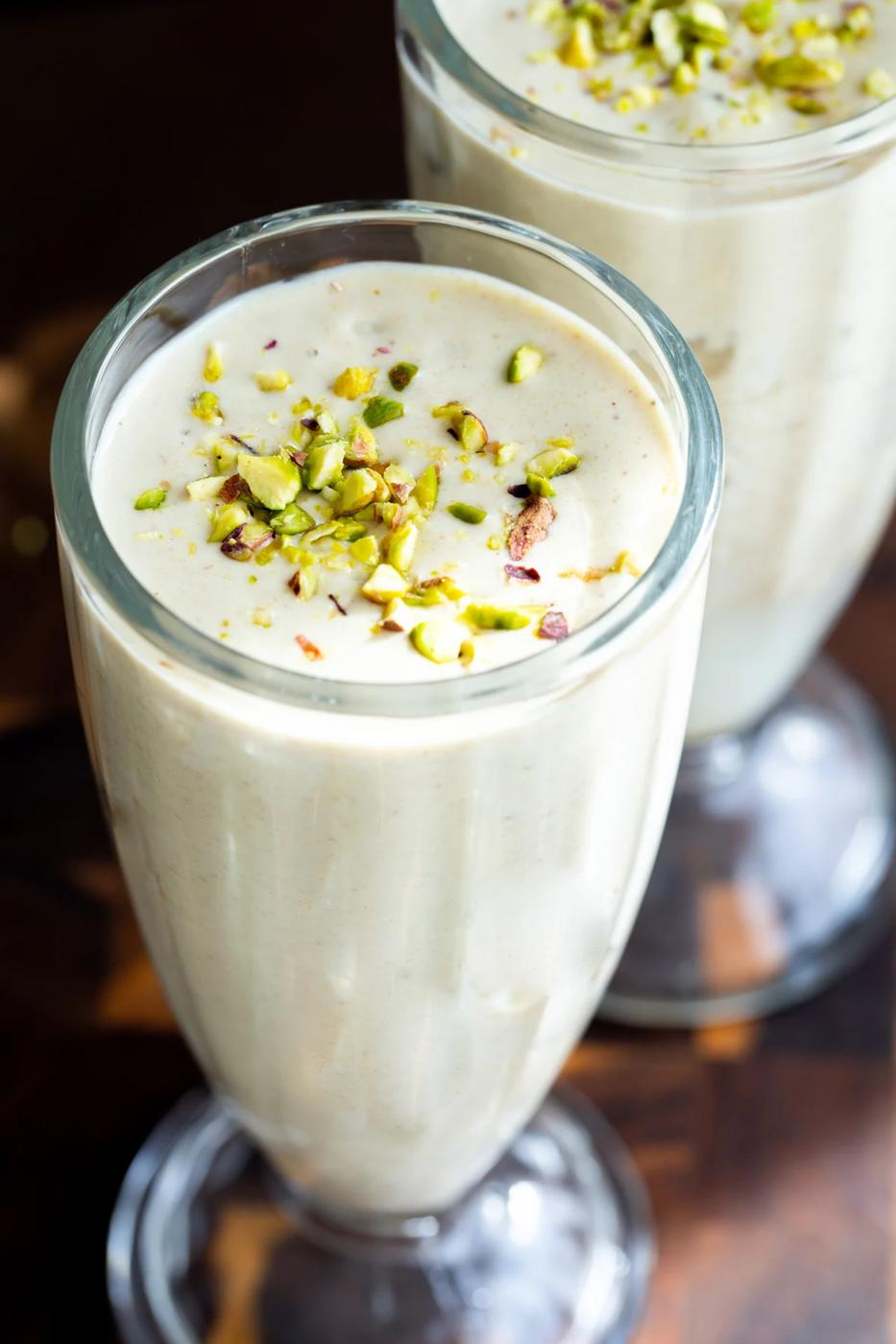 two glasses of Indian Pistachio Baklava Lassi