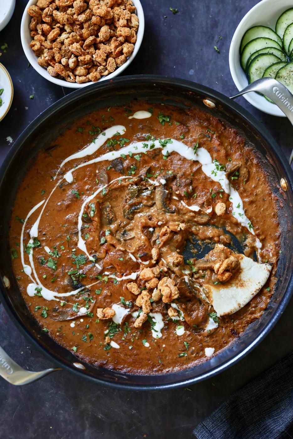 Balchao Mushrooms with Crispy White Beans(Western Indian Tangy Chili Garlic Curry)