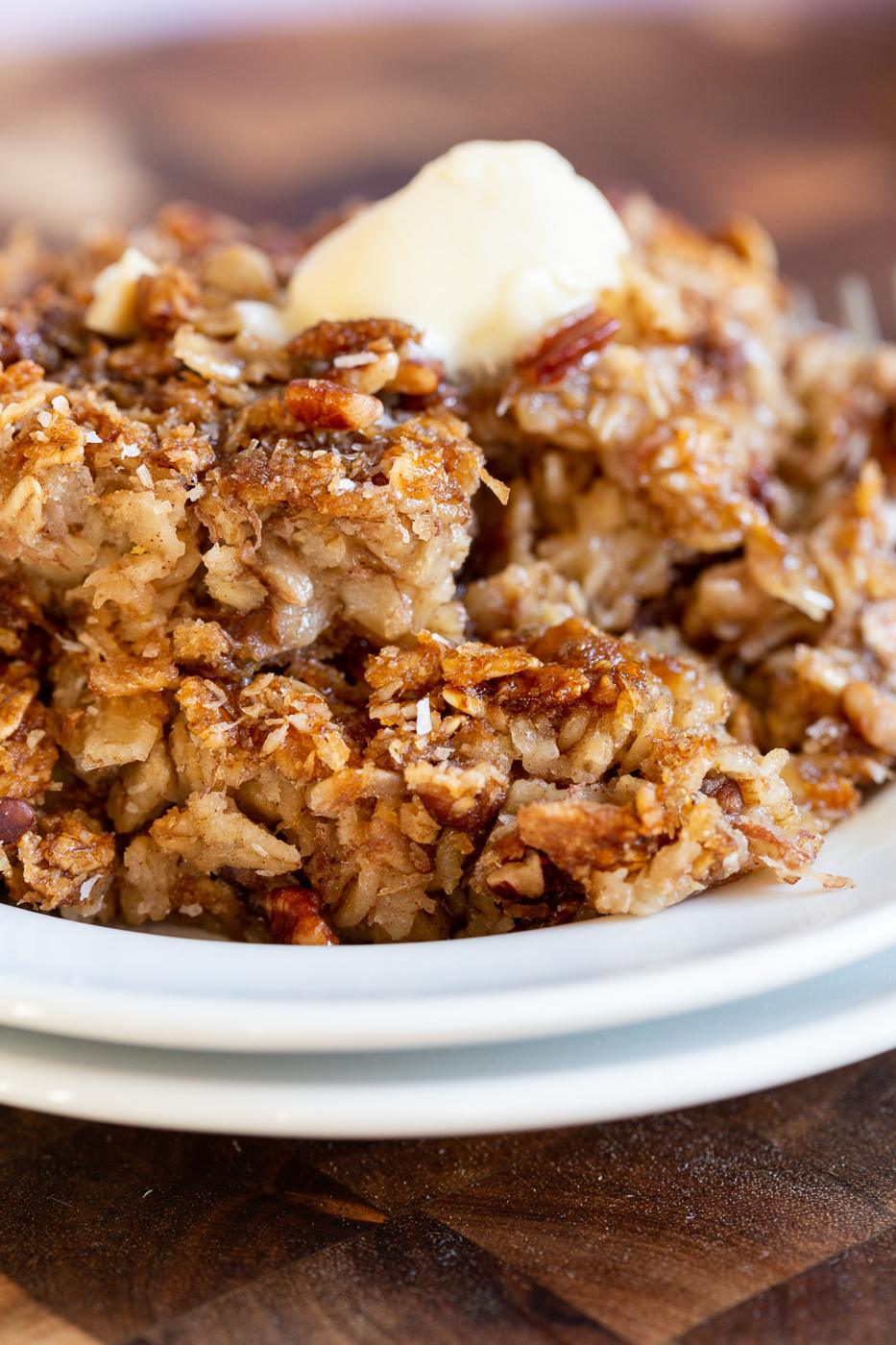 Our Vegan Banana Bread Baked Oatmeal on white plate