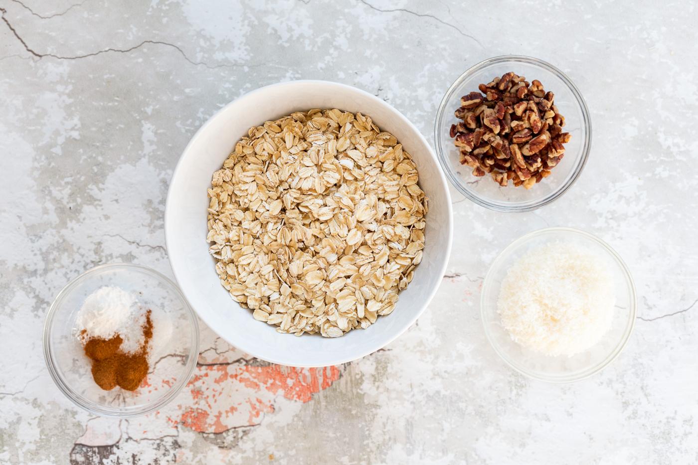 Ingredients for Our Vegan Banana Bread Baked Oatmeal in a white bowls