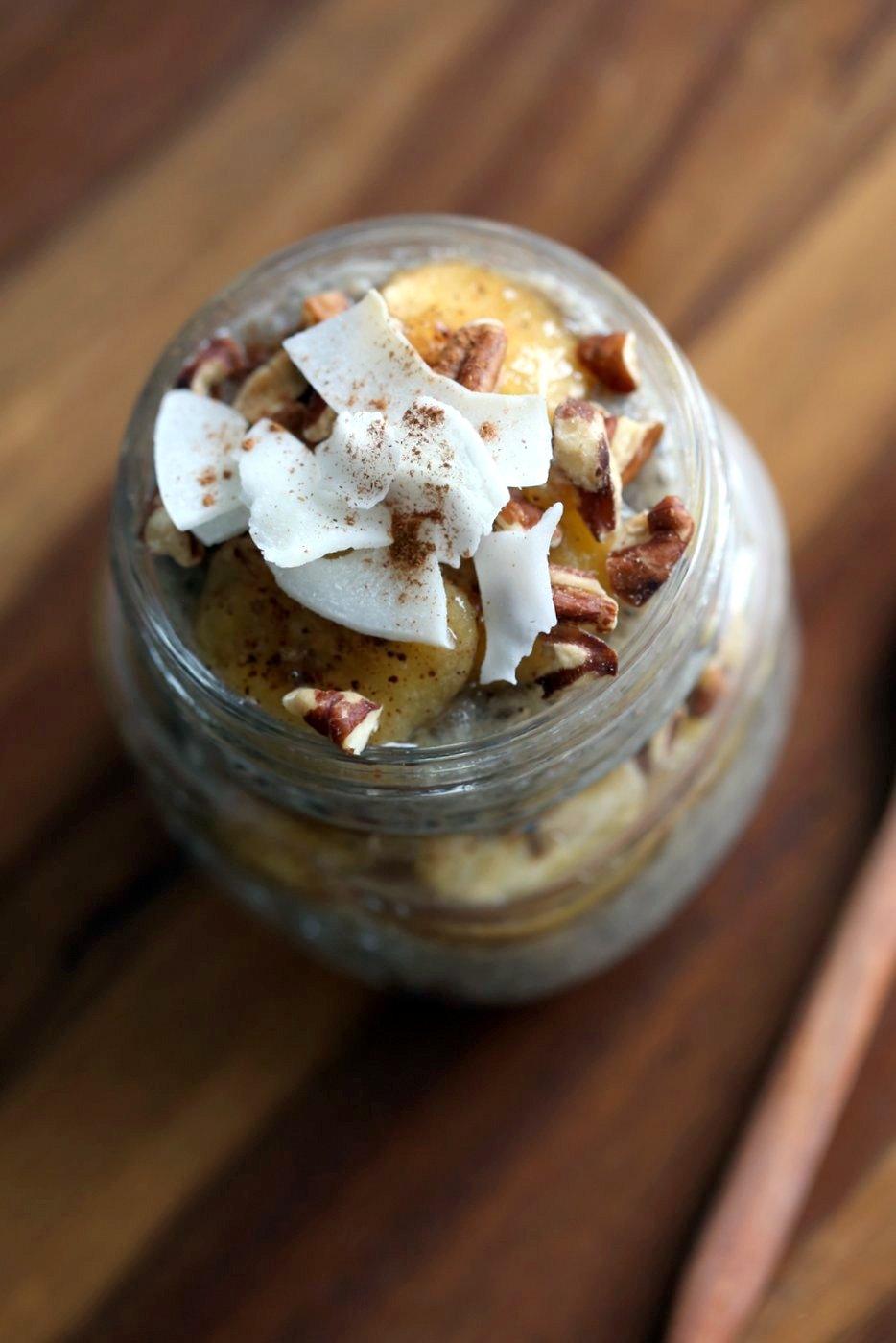 Banana Chia Pudding with Caramelized Banana and Coconut. Banana Bread in Chia Pudding form. Vegan Breakfast Recipe. #Glutenfree #Soyfree #Recipe. Can be #Nutfree | VeganRicha.com