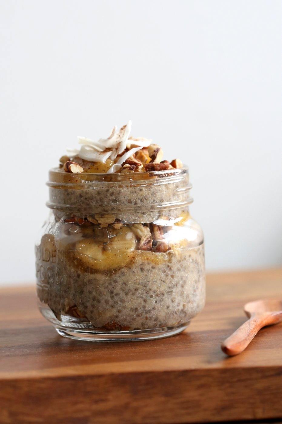 Banana Chia Pudding with Caramelized Banana and Coconut. Banana Bread in Chia Pudding form. Vegan Breakfast Recipe. #Glutenfree #Soyfree #Recipe. Can be #Nutfree | VeganRicha.com