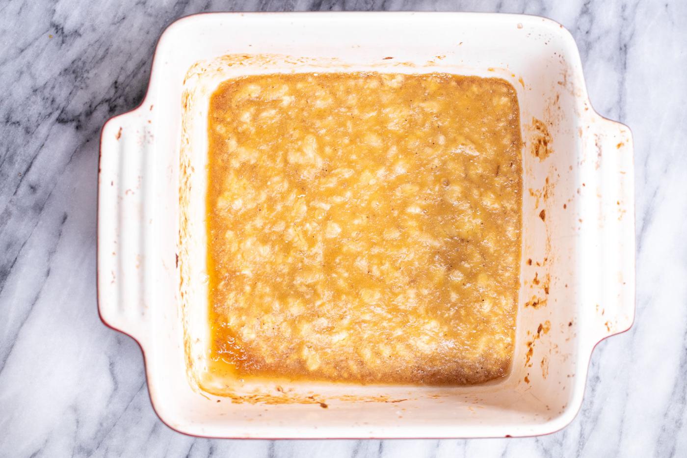 roasted banana puree in a casserole dish