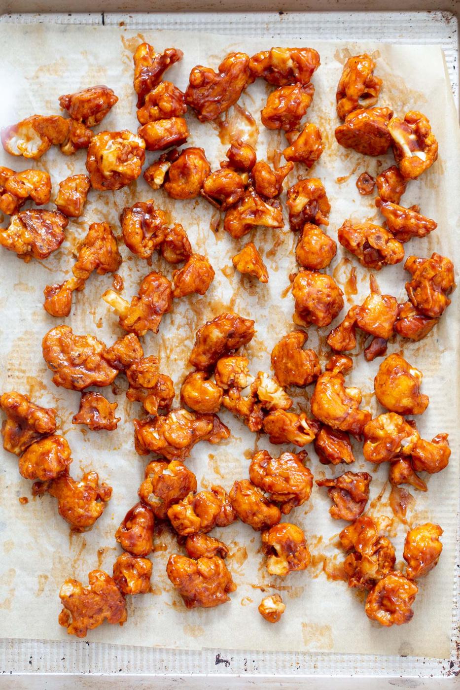 cauliflower wings on a baking sheet