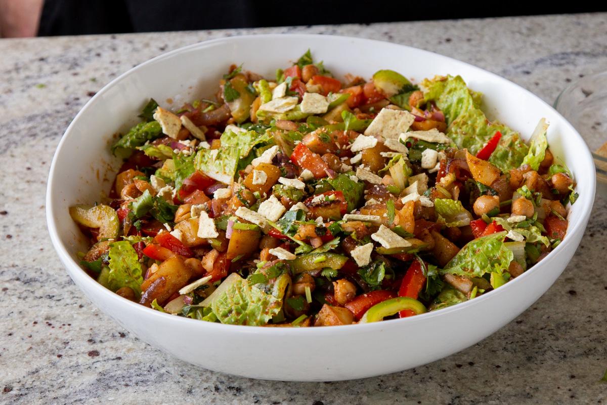 BBQ chickpea and potato salad in the serving bowl
