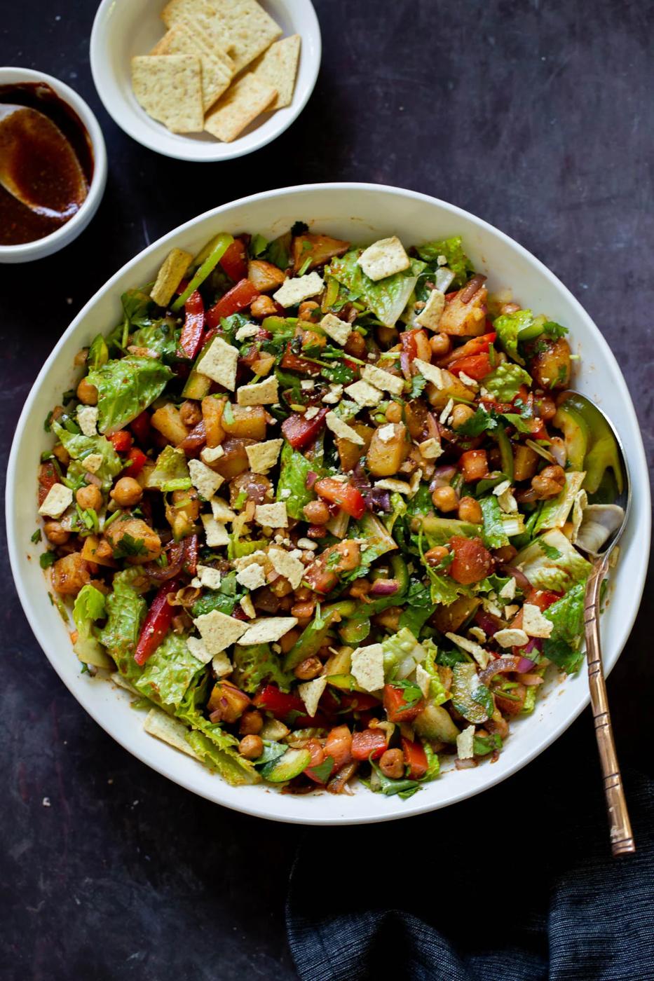 BBQ chickpea and potato salad in the serving bowl