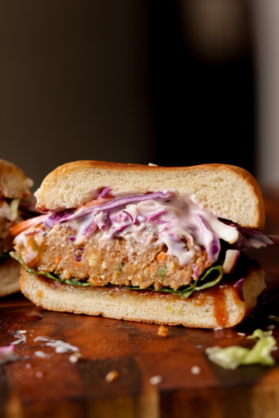 BBQ lentil burger cut in half, so you can see the inside