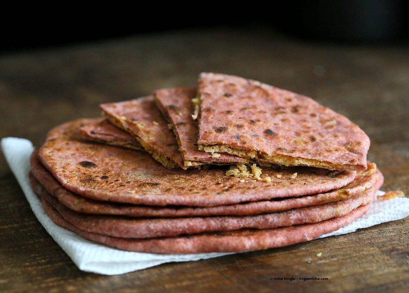 Beetroot Paratha - Beet flatbread Stuffed with Split Peas. Easy Pink flatbread stuffed with spiced split peas or chickpeas. Vegan Yeast-free flatbread Recipe | VeganRicha.com
