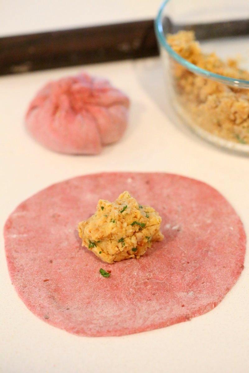 Beetroot Paratha - Beet flatbread Stuffed with Split Peas. Easy Pink flatbread stuffed with spiced split peas or chickpeas. Vegan Recipe. | VeganRicha.com