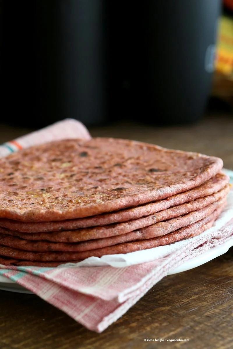 Beetroot Paratha - Beet flatbread Stuffed with Split Peas. Easy Pink flatbread stuffed with spiced split peas or chickpeas. Vegan Recipe. | VeganRicha.com