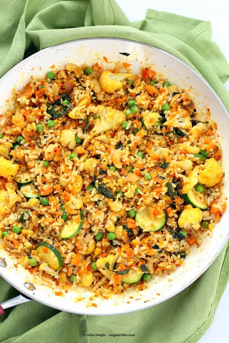 Vegetable Carrot Fried Rice with Indian spices. Carrot Veggie Brown Rice Pilaf. Colorful flavorful side for Easter or Holidays. Vegan Glutenfree Soyfree Recipe | VeganRicha.com