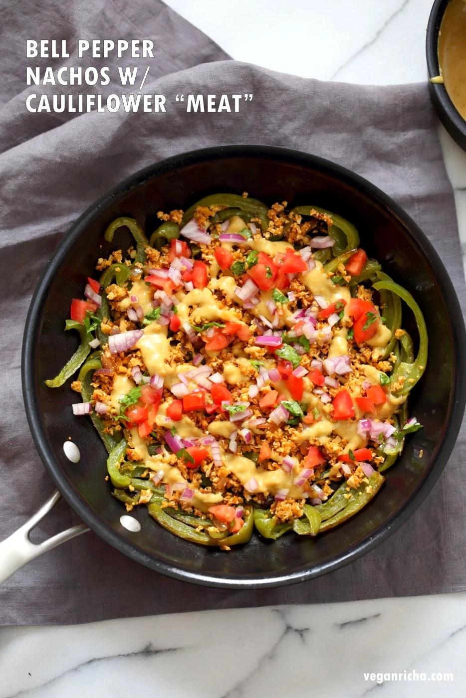 Bell Pepper Nachos with Cauliflower Taco Meat & Vegan Nacho Cheese Sauce