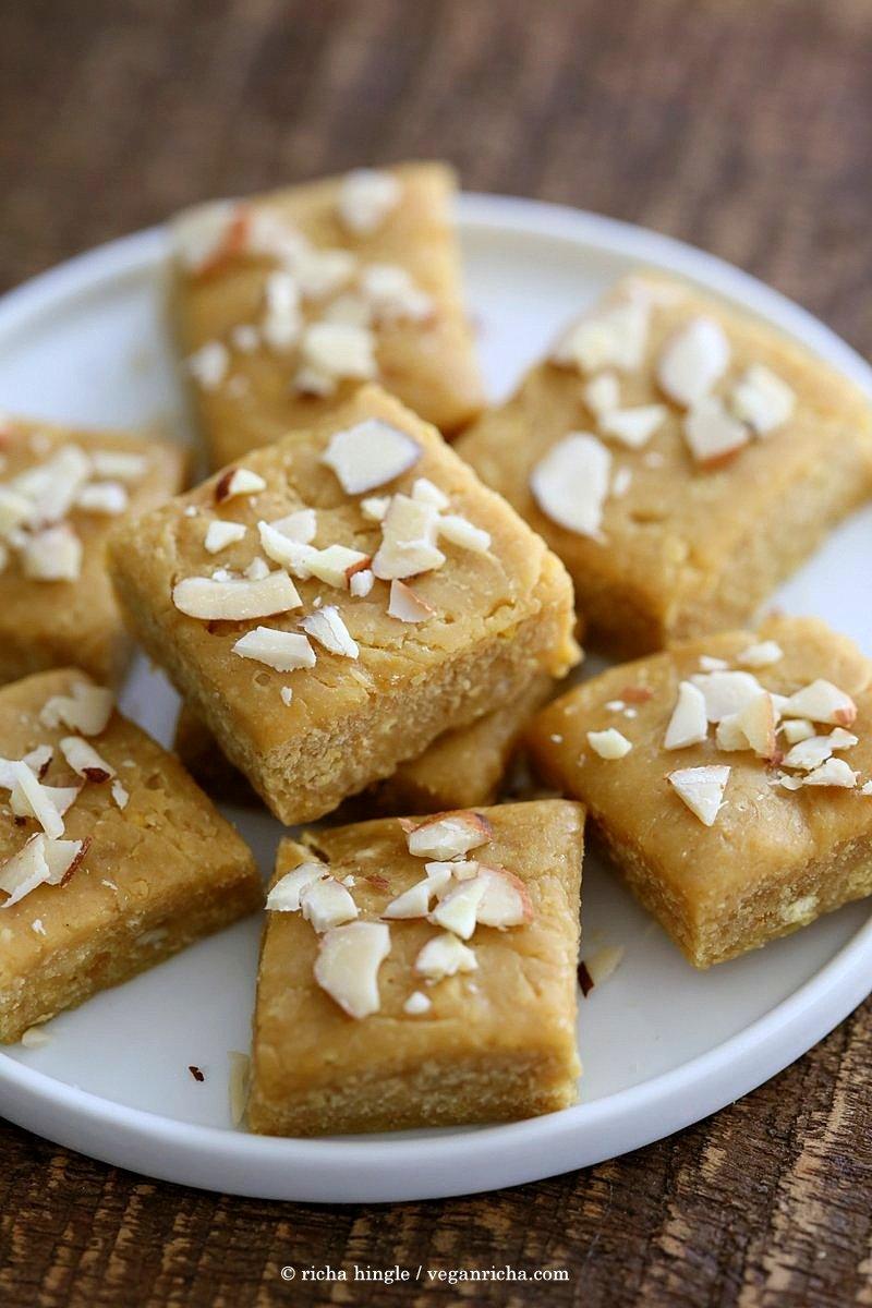 Besan Burfi with Condensed Milk. Indian Chickpea flour fudge with Condensed non dairy milk. | VeganRicha.com #vegan #glutenfree #indian #fudge #diwali