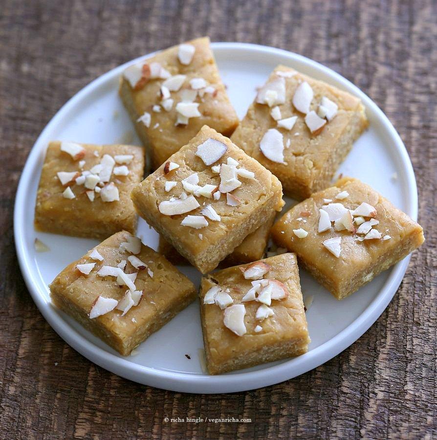Besan Burfi with Condensed Milk. Indian Chickpea flour fudge with Condensed non dairy milk. | VeganRicha.com #vegan #glutenfree #indian #fudge #diwali