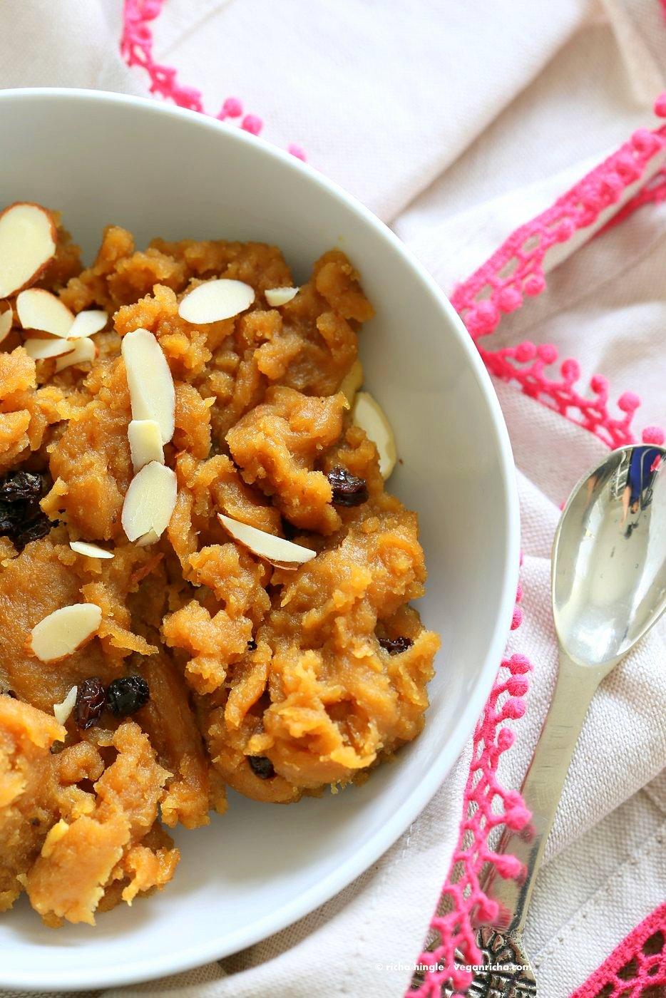 Besan Halwa is a fudgy dessert made with chickpea flour or besan. Chickpea flour Spoon fudge with cardamom and nuts. Use other grain or bean or lentil flours for variation. Vegan Gluten-free Grain-free Dessert Recipe. | VeganRicha.com
