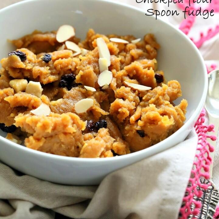 Besan Halwa is a fudgy dessert made with chickpea flour or besan. Chickpea flour Spoon fudge with cardamom and nuts. Use other grain or bean or lentil flours for variation. Vegan Gluten-free Grain-free Dessert Recipe. | VeganRicha.com #vegan #glutenfree #veganricha