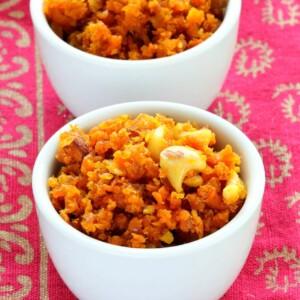 Vegan Carrot Halwa Recipe. Gajar Ka Halwa is a a dessert made with shredded carrots that are roasted with non dairy milk and cardamom to make a sweet melt in your mouth dessert. Vegan Gluten-free Soy-free Recipe | VeganRicha.com