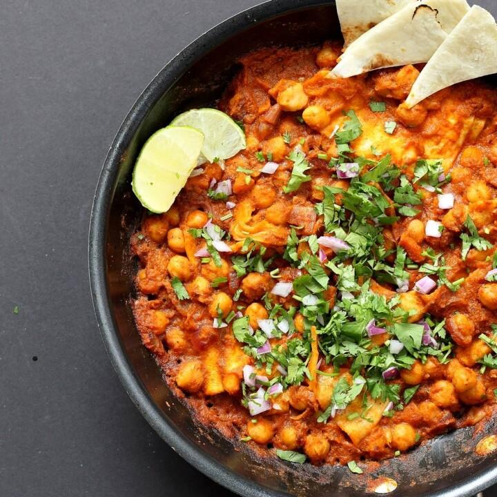 Vegan Chilaquiles with spiced Chickpeas. Spiced Chickpeas and crisped tortilla with easy red sauce. Easy Chilaquiles Recipe. Nut-free, soy-free. can be gluten-free.| VeganRicha.com #glutenfree #veganricha #vegan
