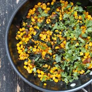 Corn Palak. Curried corn and Greens. Seasonal greens, chard and spinach with corn and spices make for a quick side, taco filling or addition to a salad. Vegan Gluten-free Soy-free Recipe. | VeganRicha.com