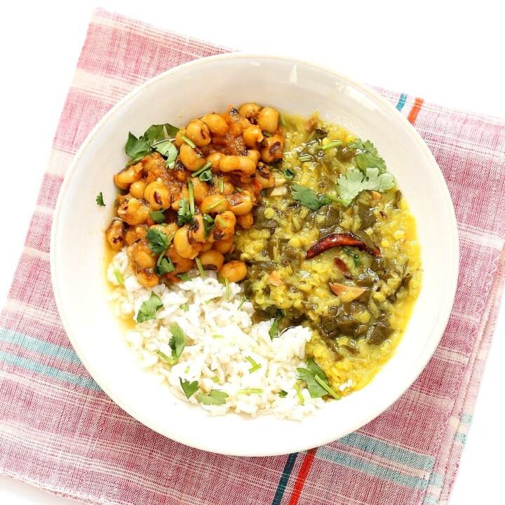 Spiced Lentil Chard Soup - Hariyali Dal. Creamy Red Lentils Cooked with Chard or other greens, tempered with whole spices. Easy weeknight Dahl. Vegan Gluten-free Soy-free Recipe | VeganRicha.com #glutenfree #veganricha #vegan