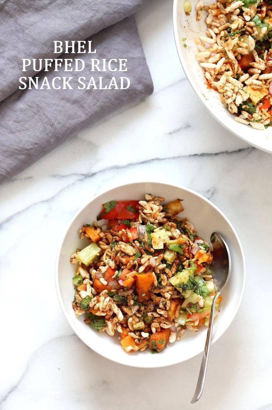 Sweet Potato Bhel Recipe – Indian Snack Salad with Puffed Rice, Mint and Tamarind Chutney