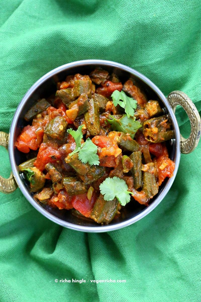 Bhindi Masala Recipe. Indian Okra Curry. Lightly spiced Okra in onion tomato curry. Restaurant style Masala Bhindi. Vegan Gluten-free Soy-free Indian Recipe | VeganRicha.com