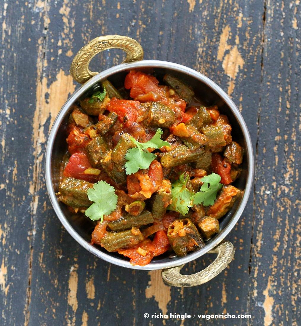 Bhindi Masala Recipe. Indian Okra Curry. Lightly spiced Okra in onion tomato curry. Restaurant style Masala Bhindi. Vegan Gluten-free Soy-free Indian Recipe | VeganRicha.com