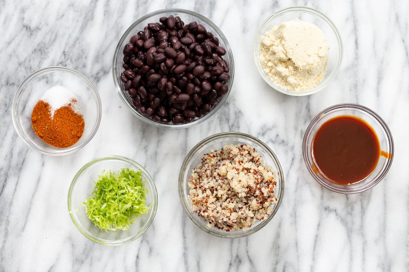 overhead shot of ingredients used for making black bean quinoa burger patties