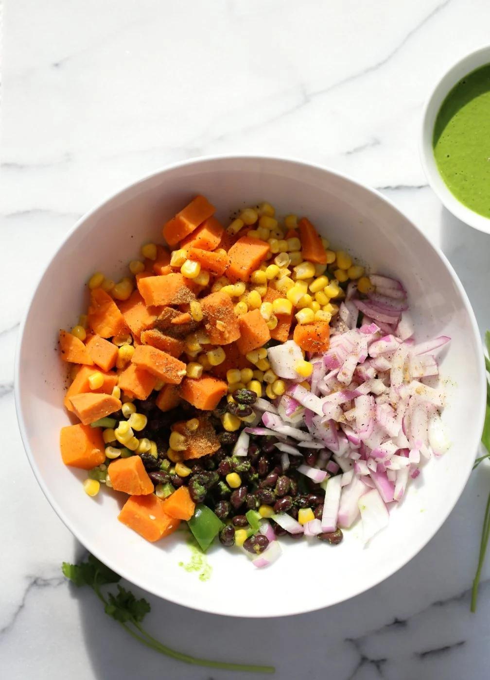 Summer Black Bean Salad with Sweet Potato, Corn, Peppers and Chimichurri Dressing. Vegan Gluten-free Nut-free Soy-free Recipe | VeganRicha.com