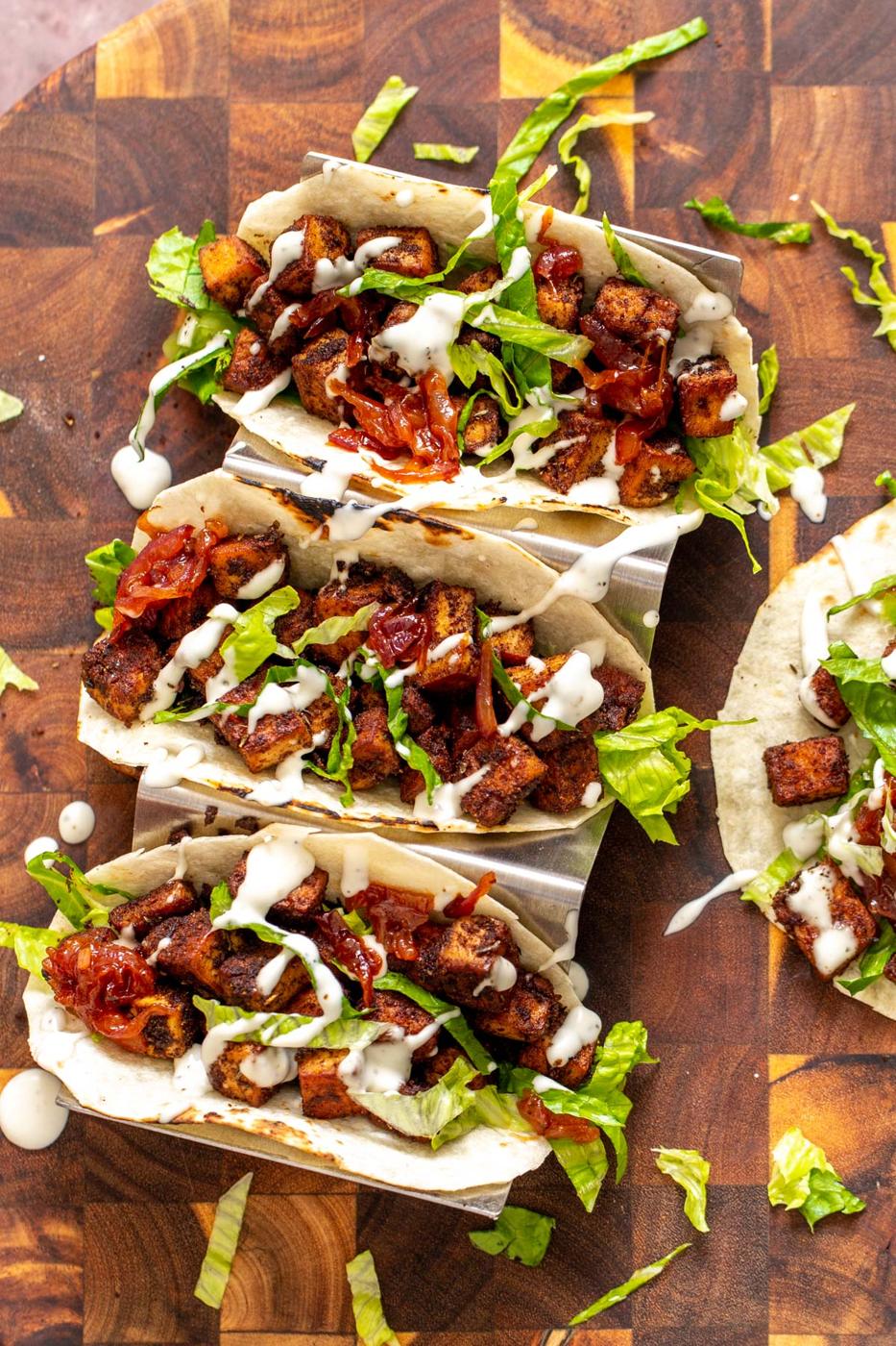 Blackened Tofu Tacos with Caramelized BBQ Onion