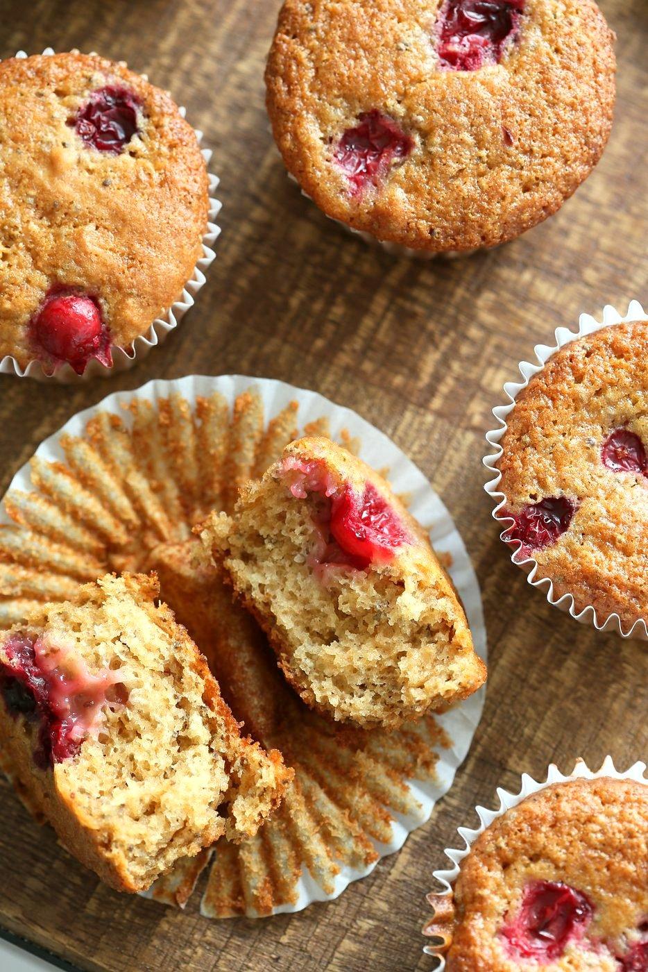 Easy Orange Chia Cranberry Muffins. These breakfast Muffins are simple and full of flavor. Blend up the wet and dry in a blender, pour and bake. Vegan Nut-free Soy-free Recipe. Makes 11 to 12 muffins | VeganRicha.com