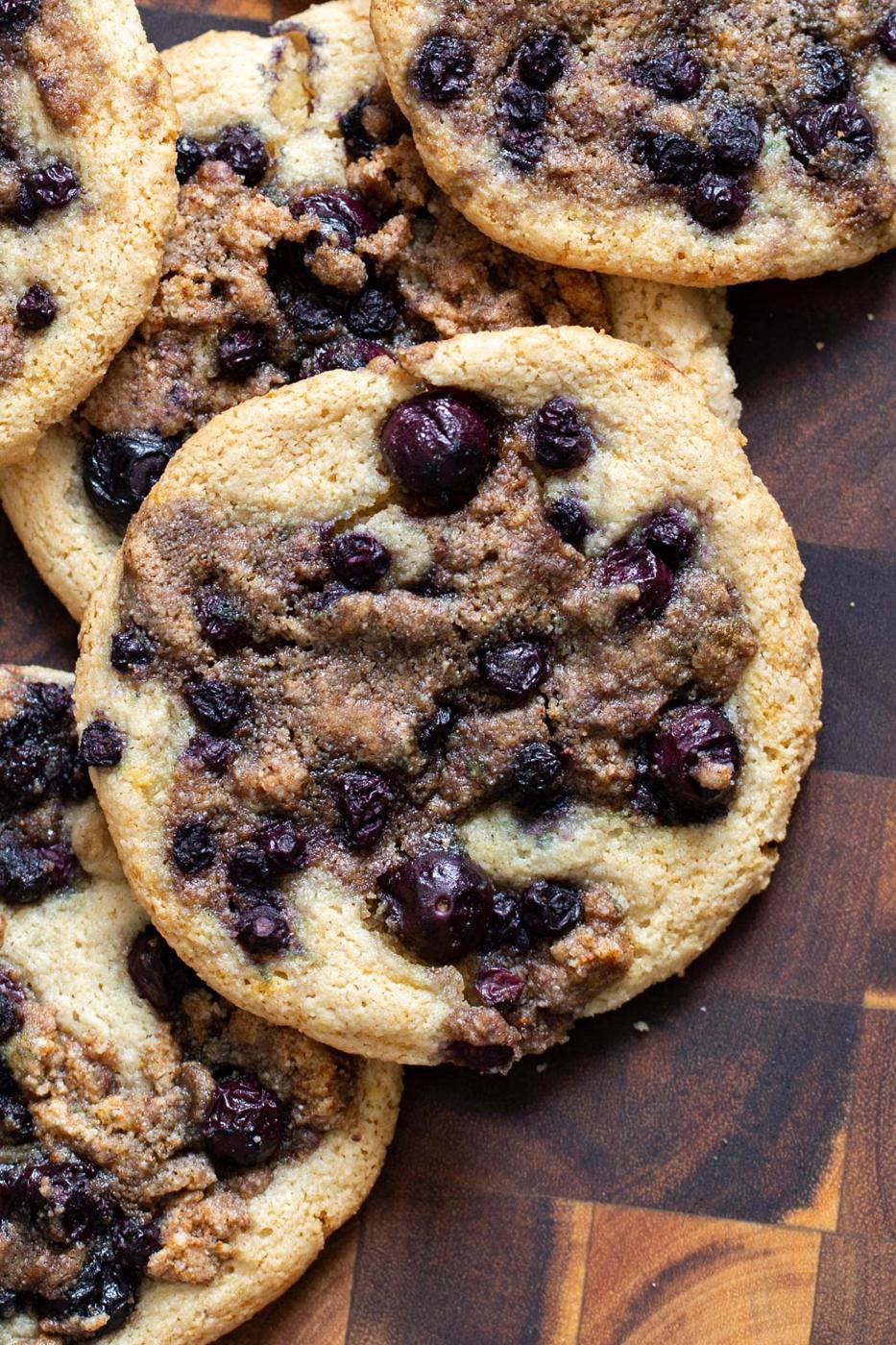 blueberry muffin cookies on a wooden chopping board