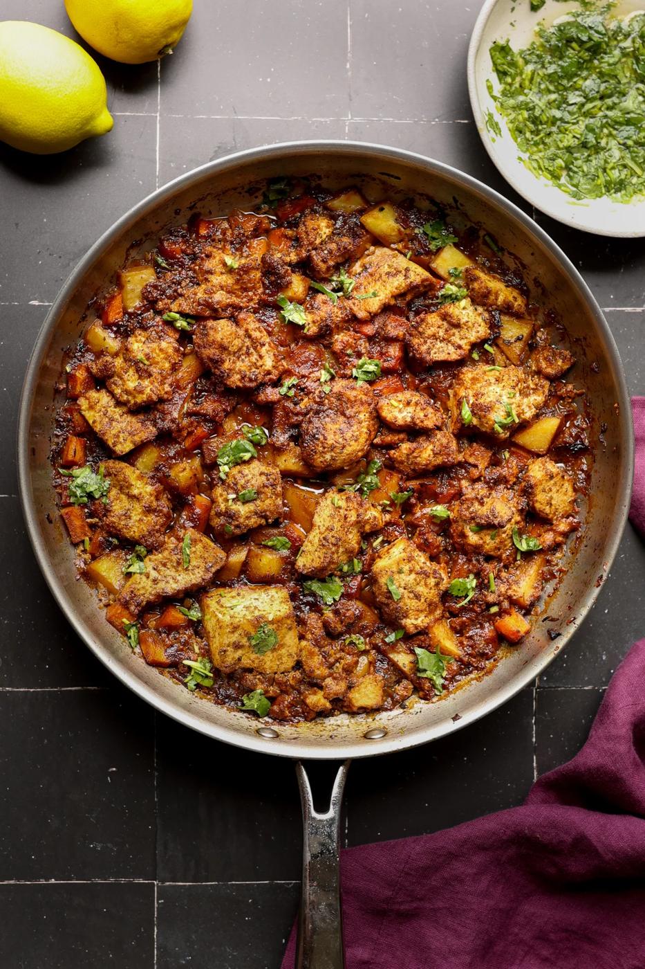 braised tofu and veggies in the pan