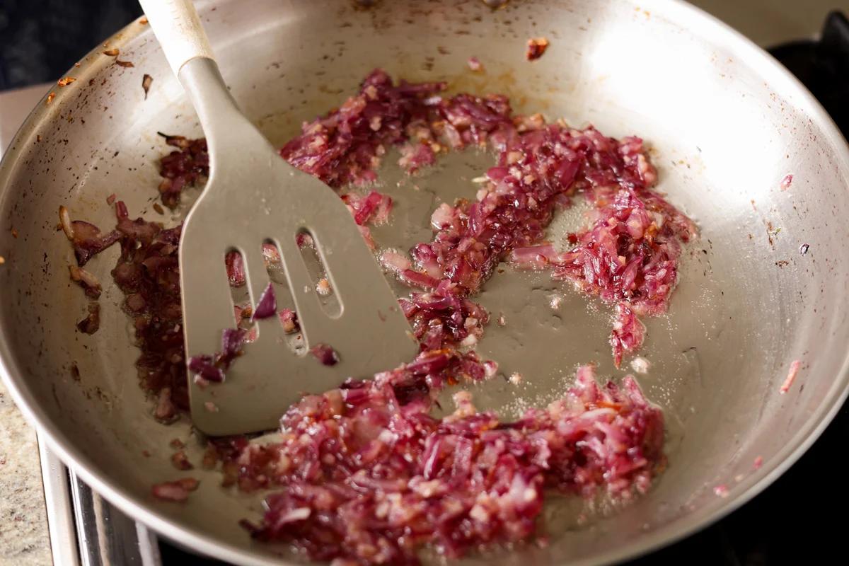 cooked onion and garlic in the pan