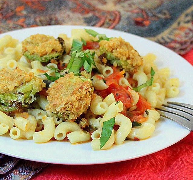 Breaded Brussels Sprouts on pasta with tomato basil sauce. vegan, glutenfree option