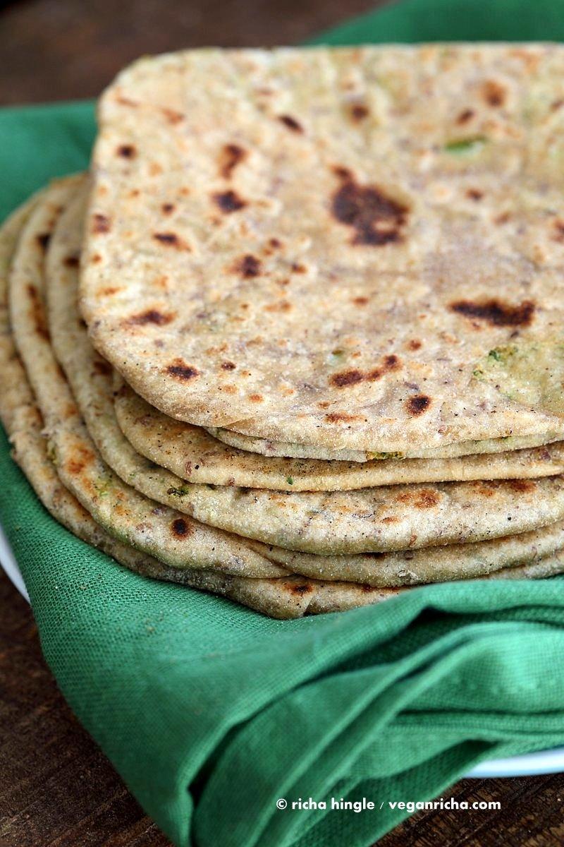 Broccoli Chickpea Stuffed Flatbread - Broccoli Paratha. Shredded broccoli, mashed chickpeas and spices stuffed in a paratha flatbread. | VeganRicha.com Vegan Indian Recipe Soyfree